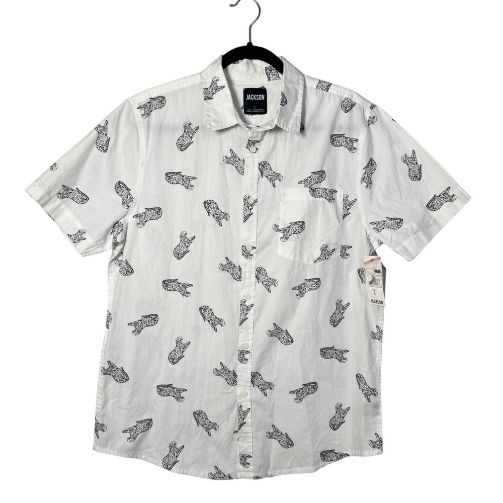 NWT JACKSON White And Black Cheetah Leopard Graphic Men's Poplin Button Up Sz L